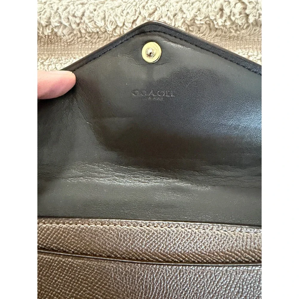 Coach Metallic Champagne Crossgrain Leather Envelope Slim Wallet Gold Logo - Picture 8 of 12